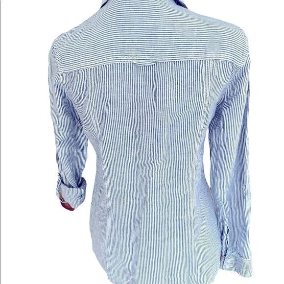 KENAR button front linen blend striped shirt with tab button sleeves, size XS - Picture 4 of 8